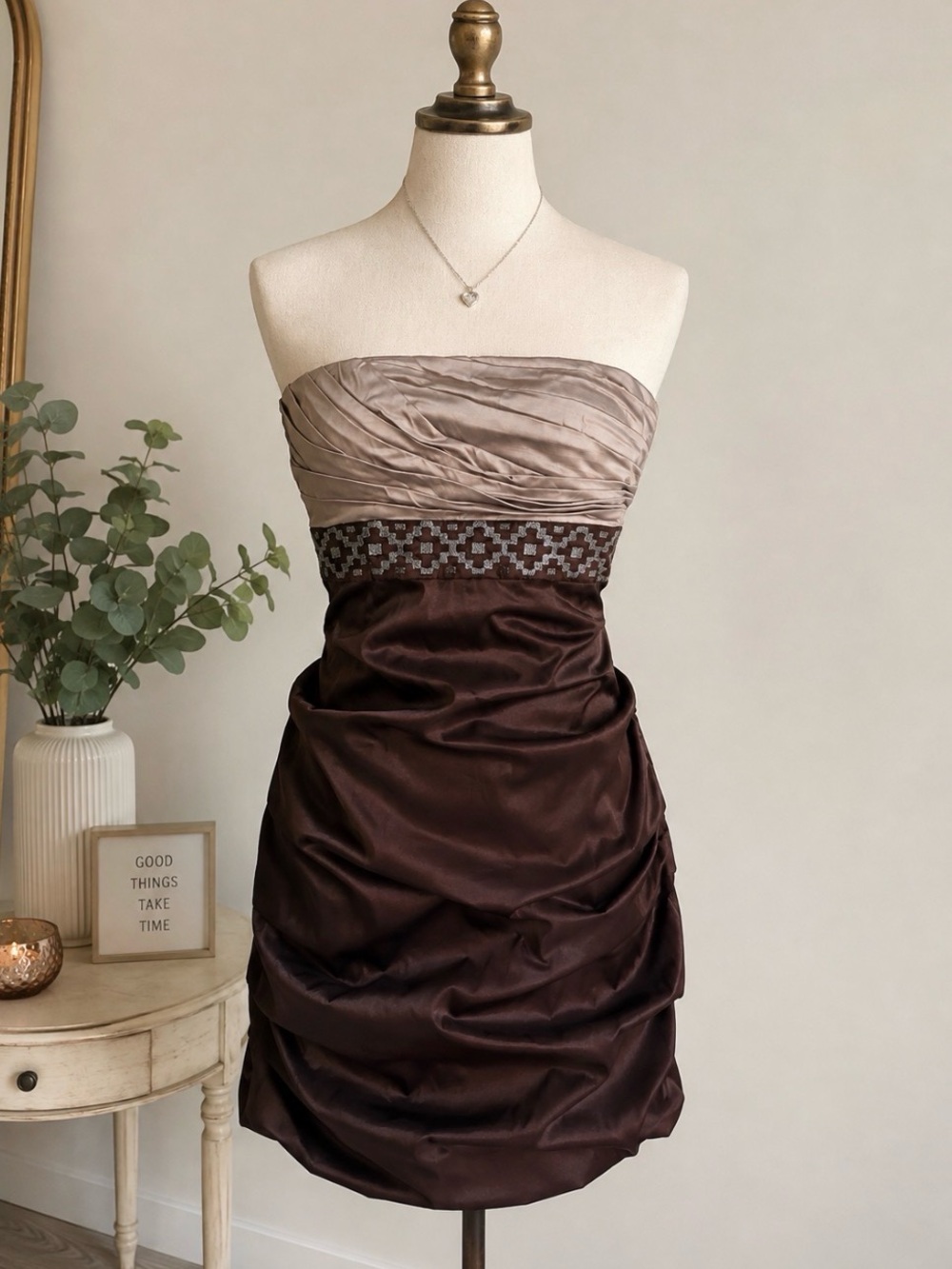 Le Château Strapless Satin Cocktail Dress In Brown Taupe